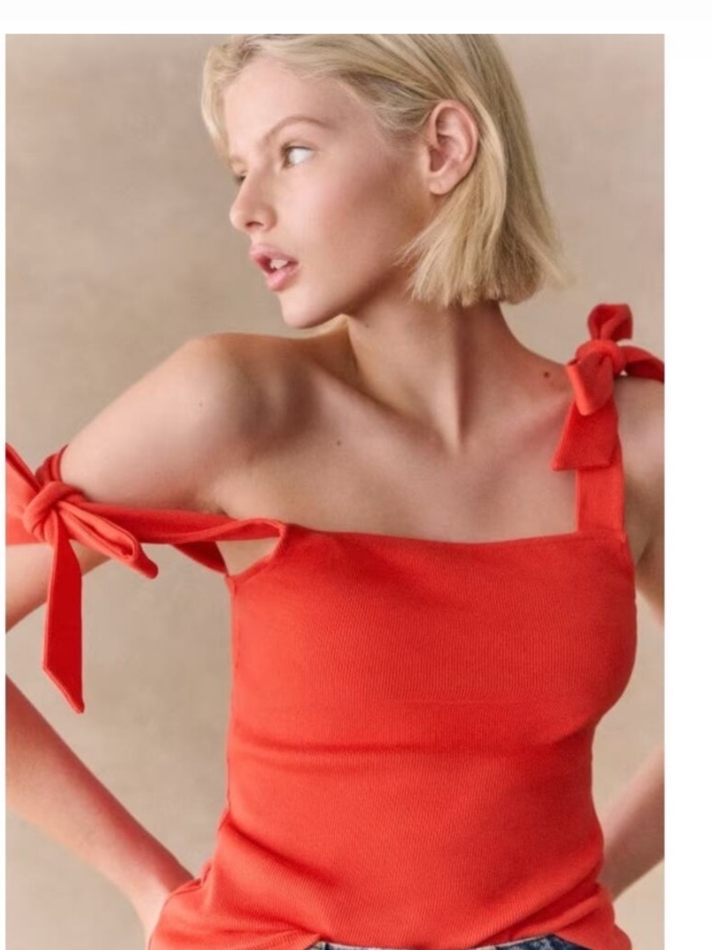 SÉZANE Aria Top Coral Red Ribbed Organic Cotton Tie Strap Women's M